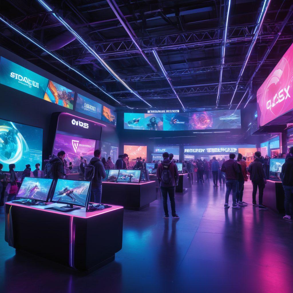 A futuristic marketplace bustling with diverse gamers engaged in vibrant interactions. Showcase VGSX's logo prominently displayed in a digital banner overhead. Include holographic displays of innovative gaming solutions and products, with gamers immersed in VR headsets and unique gaming gear. Incorporate bright neon colors and a lively atmosphere, reflecting energy and innovation. cyberpunk. vibrant colors. 3D.