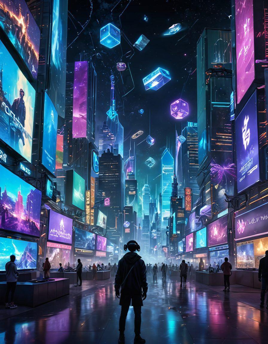A futuristic cityscape where gamers trade virtual items effortlessly, surrounded by holographic displays of digital games and currency symbols. Include diverse characters, both AR and VR engaging in the trading process, with vibrant energy beams symbolizing transactions. The sky is filled with digital constellations representing game worlds. super-realistic. vibrant colors. cyberpunk.