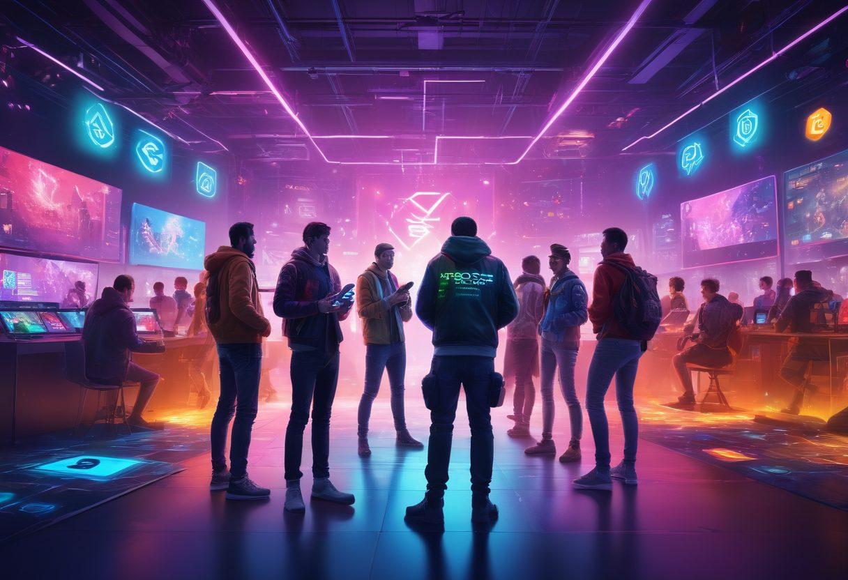 A dynamic scene showcasing a diverse group of gamers engaged in a vibrant digital marketplace, surrounded by colorful game elements and digital currency symbols. Highlight VGSX branding prominently as a central hub connecting gamers, developers, and testers in an immersive environment. Emphasize collaboration and empowerment with animated expressions and tech gadgets scattered around. futuristic style. vibrant colors. digital art.